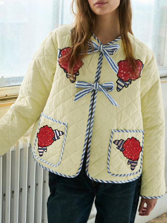 Alicia | Long sleeve winter coat with embroidered floral tie