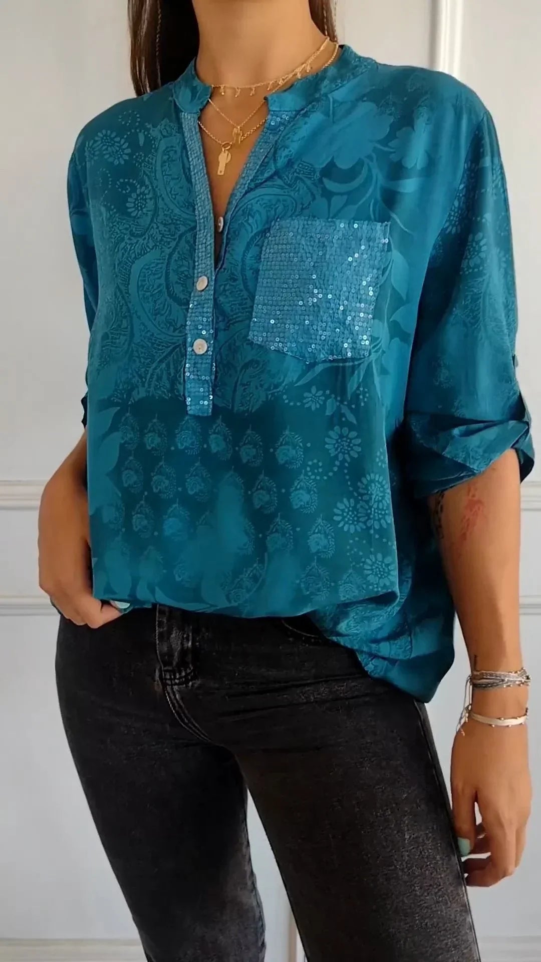 Maureen® | Printed V-Neck Top With Half Buttons