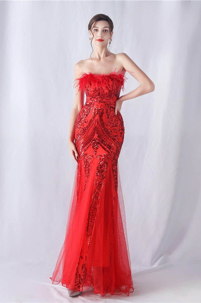 Ostrich Feather Sequin Evening Party Dress