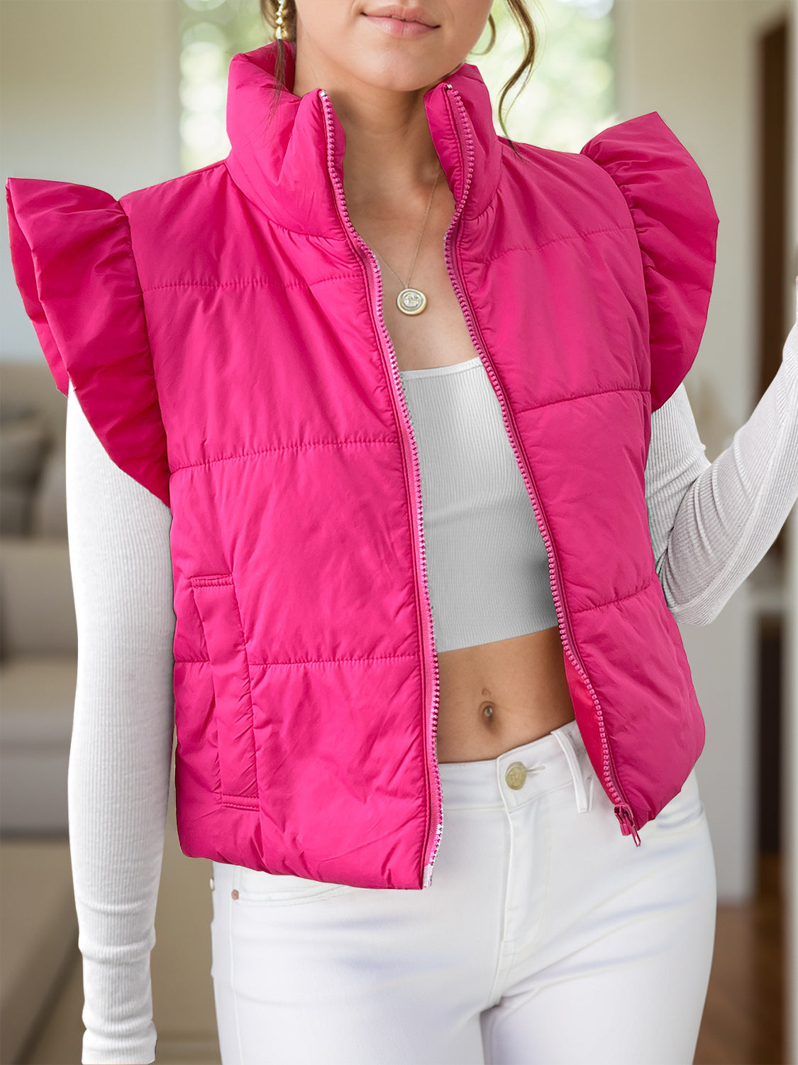 Anita | Zip-up jacket with cap sleeves and pockets