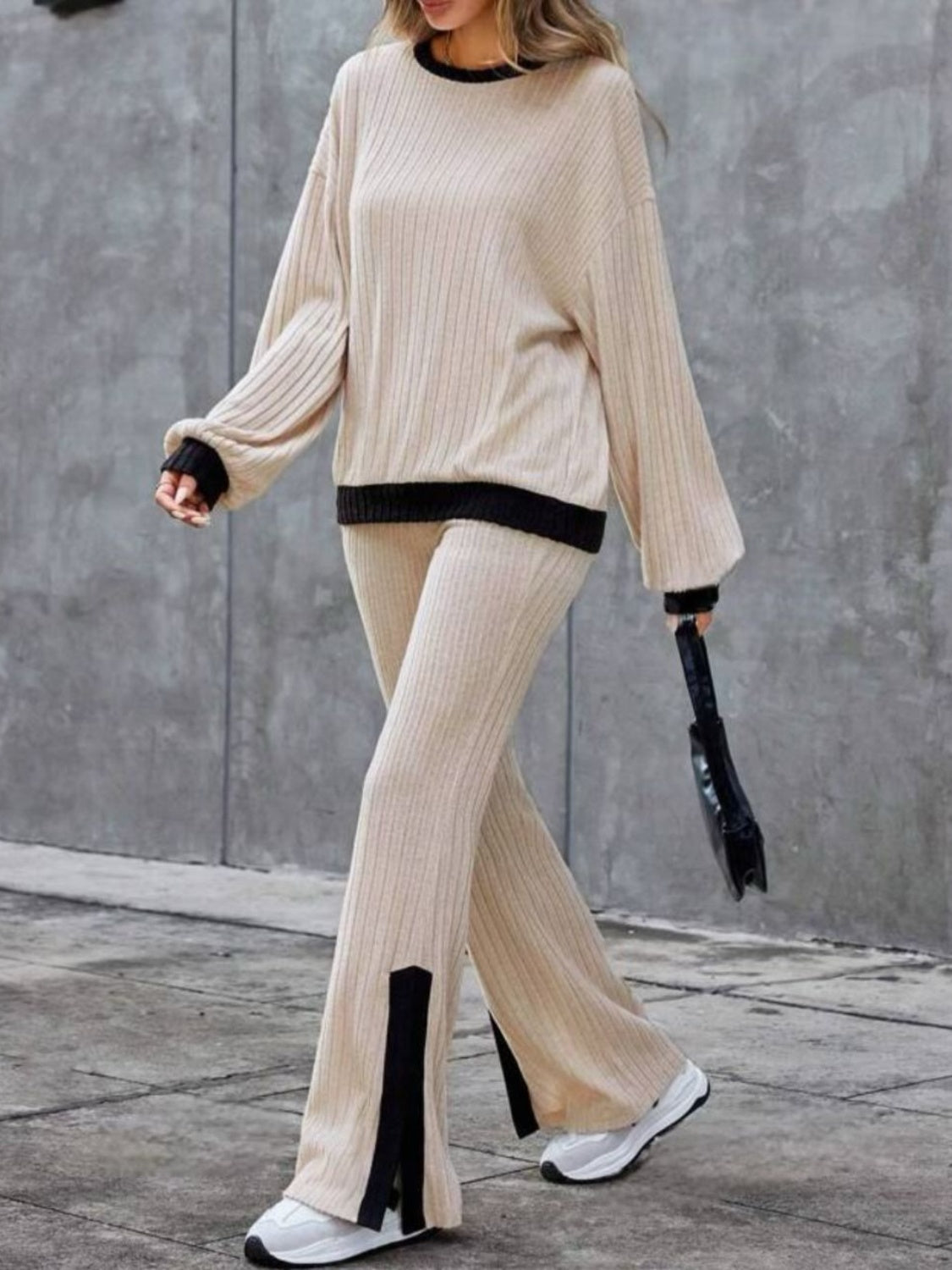 Wilma | Contrast crew neck long sleeve top and bootcut trousers set