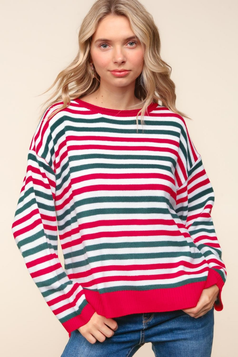 Wendy | Full size Haptics knit top with stripes and contrast side slits