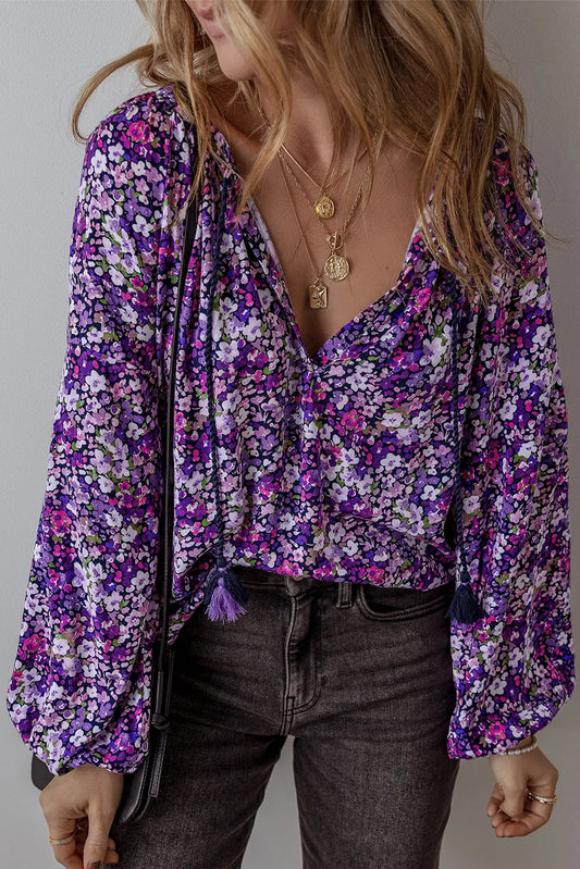 Anneliese | Long-sleeved blouse with floral pattern and tie collar