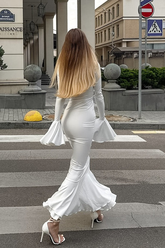 Ruffled V-neck Flare Sleeve Midi Dress