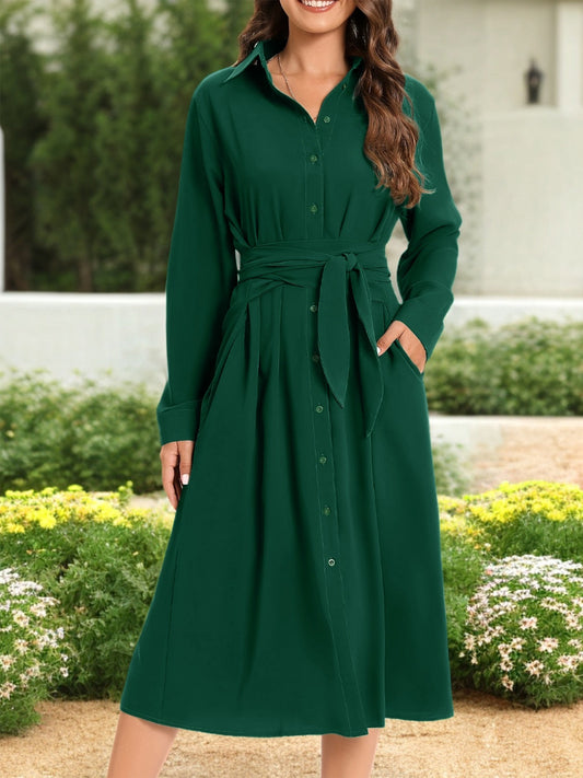 Helga | Long-sleeved dress with a tie belt at the waist