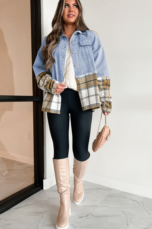 Catalina | Oversized plaid patchwork denim jacket with buttons