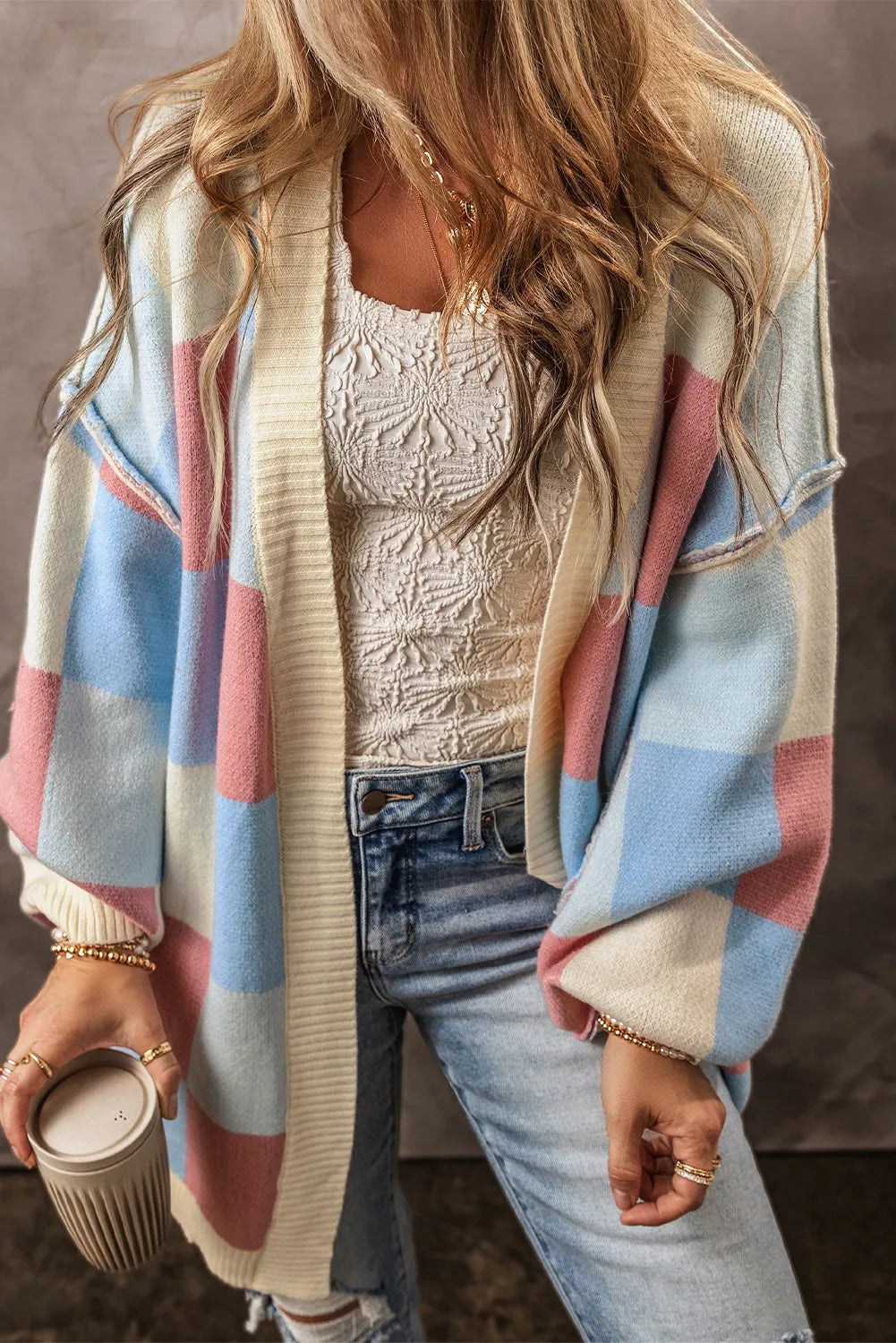 Lucie | Color block cardigan with open front and long sleeves