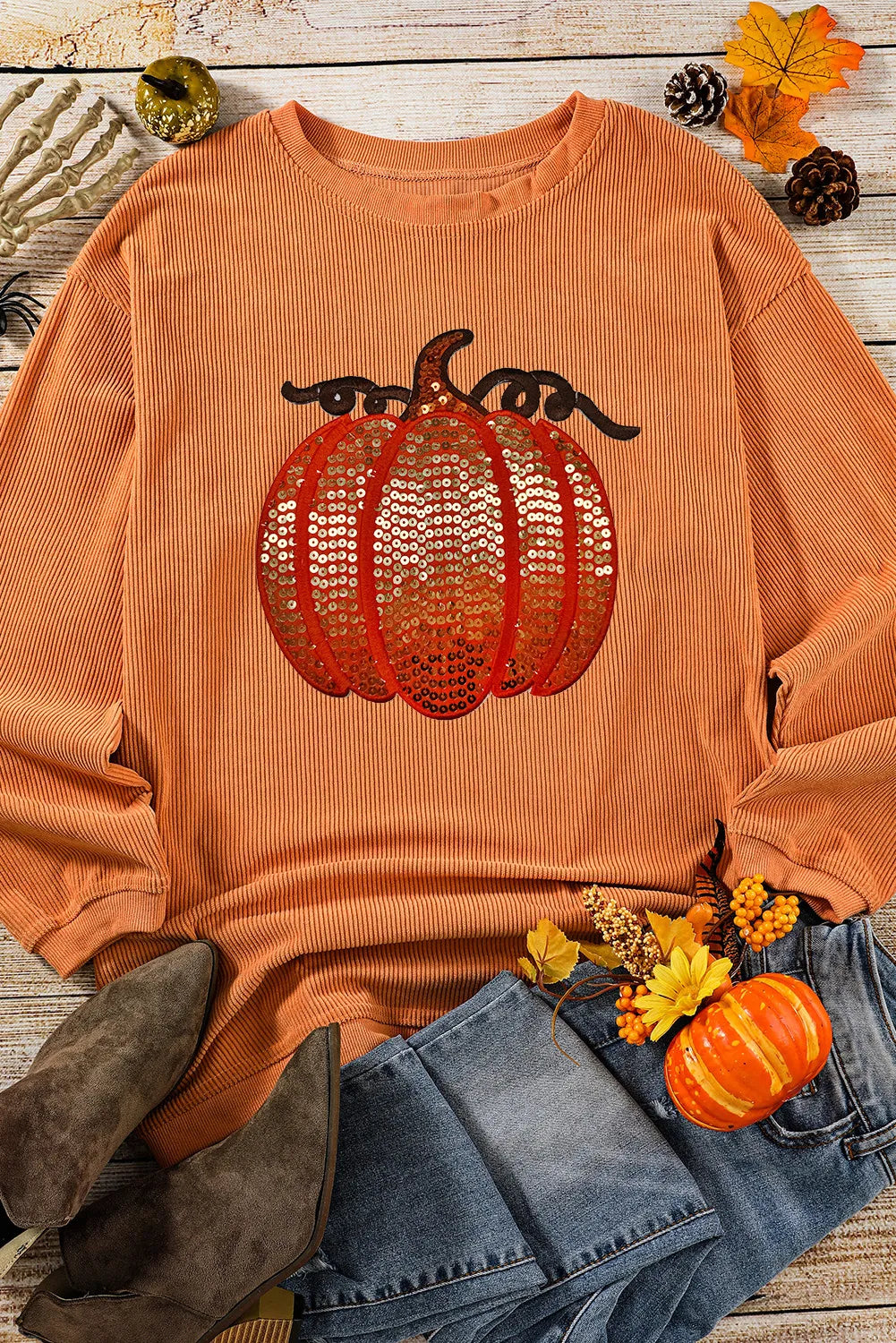 Melina | Long sleeve sequin pumpkin crew neck sweatshirt