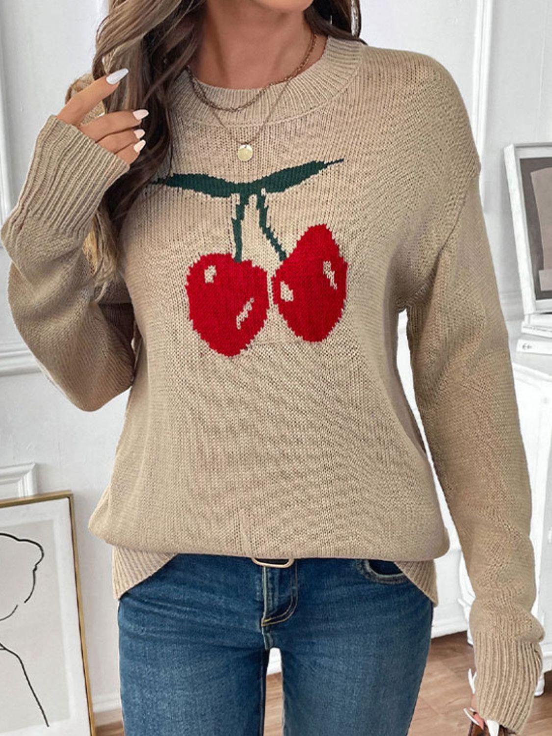 Cintia | Perfee Cherry crew neck long sleeve sweater