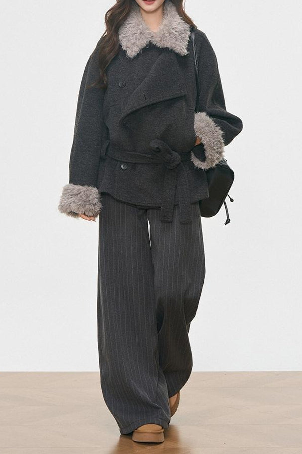 Vintage Fur Collar Fur Cuffs Short Woolen Coat