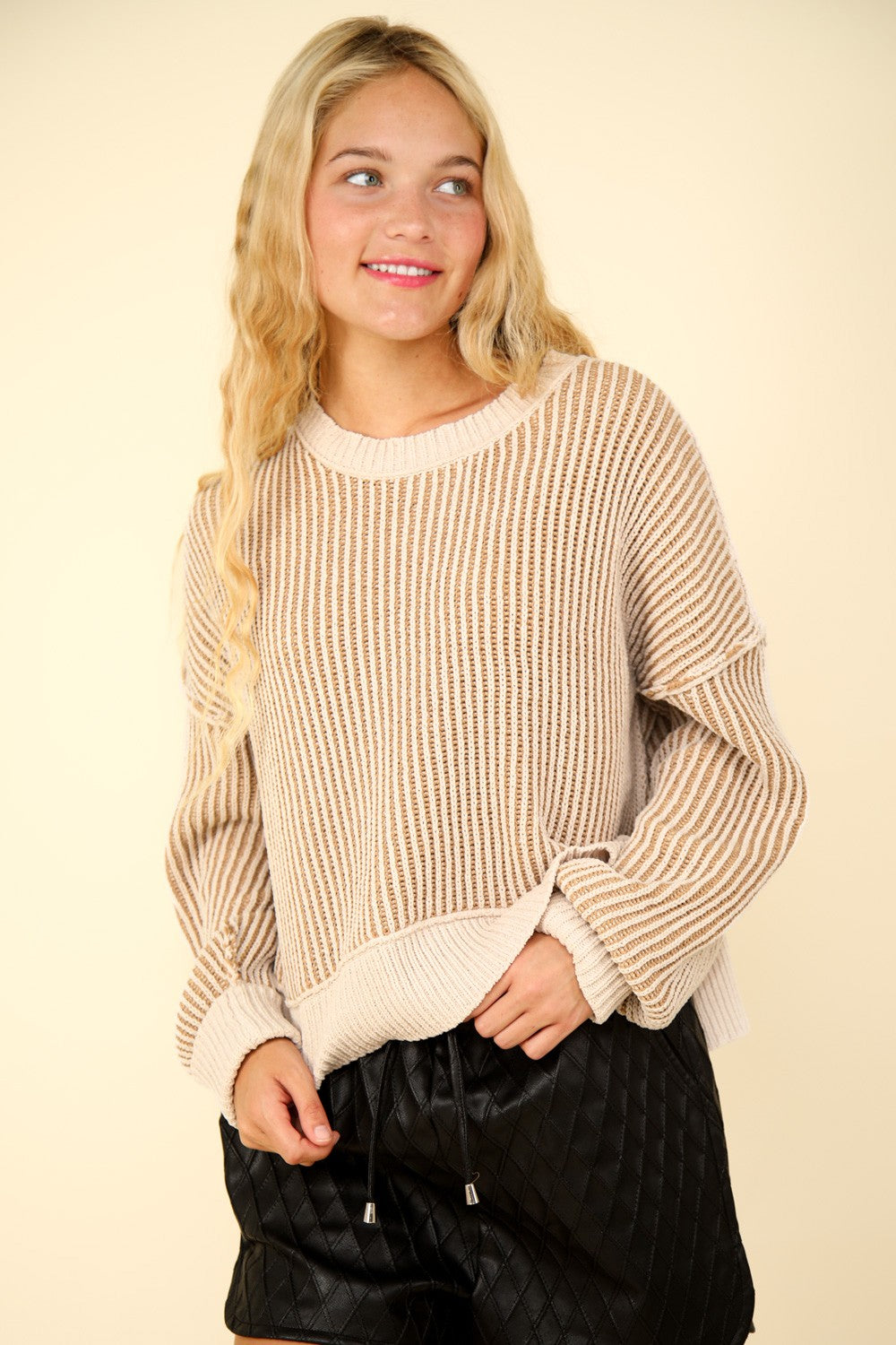 Leticia | VERY J sweater with exposed seam and short, striped slits
