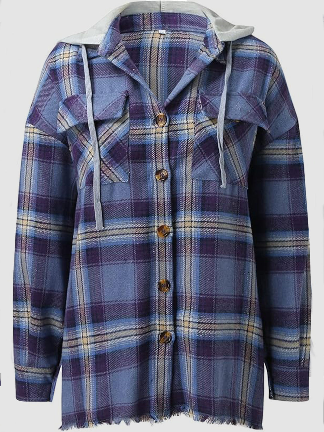 Carmen | Checked long sleeve hooded jacket with raw hem