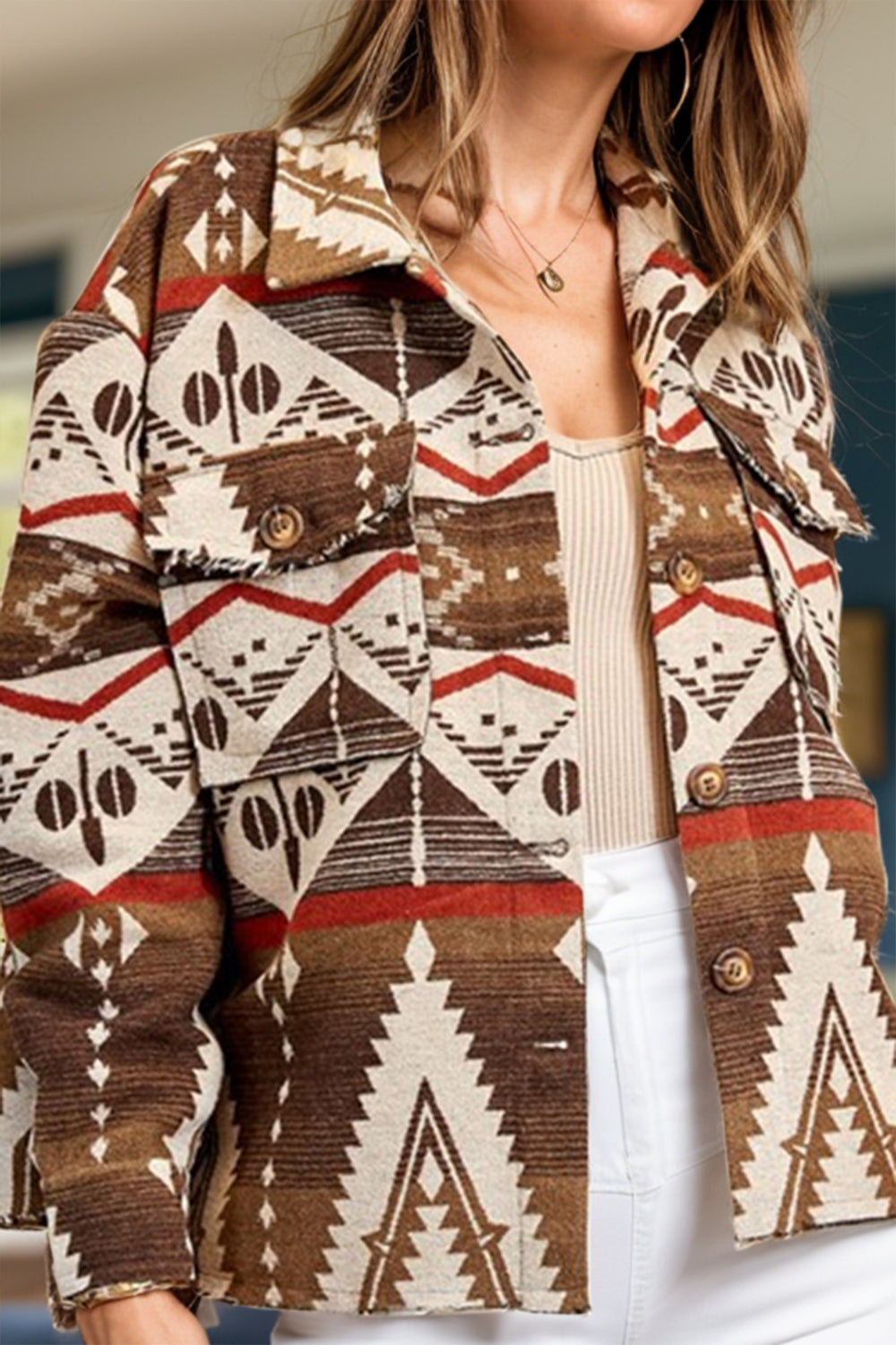 Lea | Geometric long sleeve button down jacket