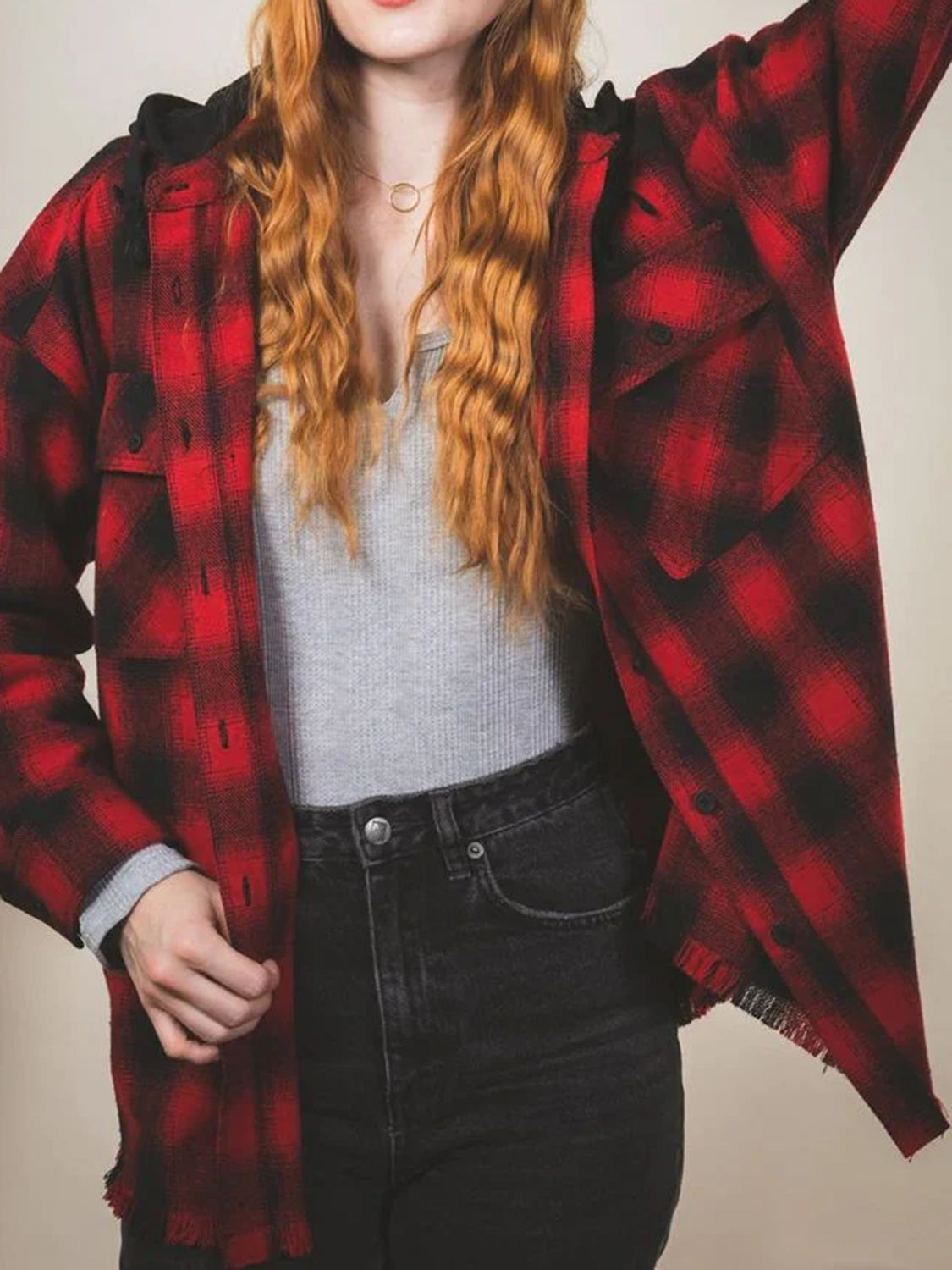 Carmen | Checked long sleeve hooded jacket with raw hem