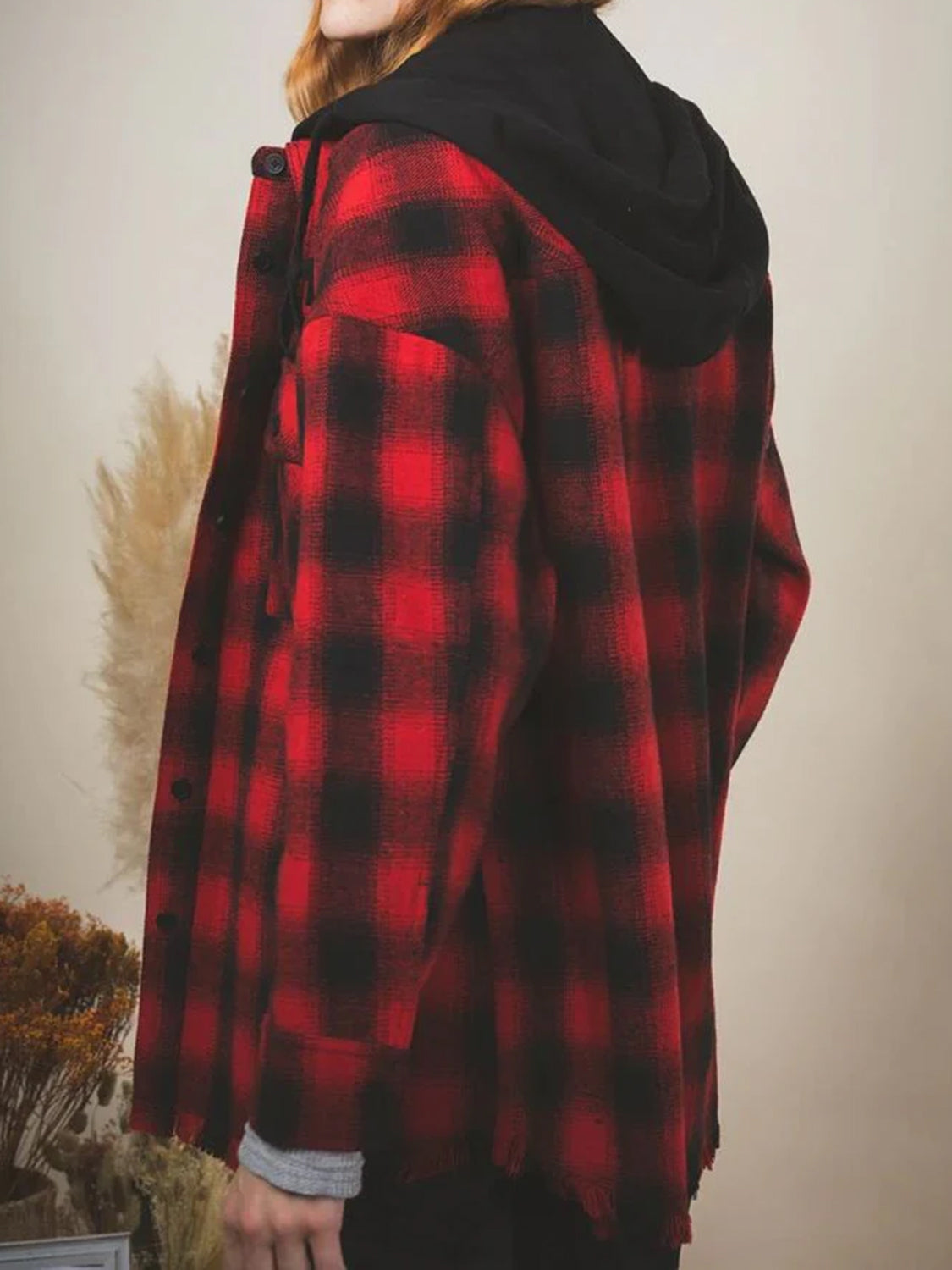 Carmen | Checked long sleeve hooded jacket with raw hem