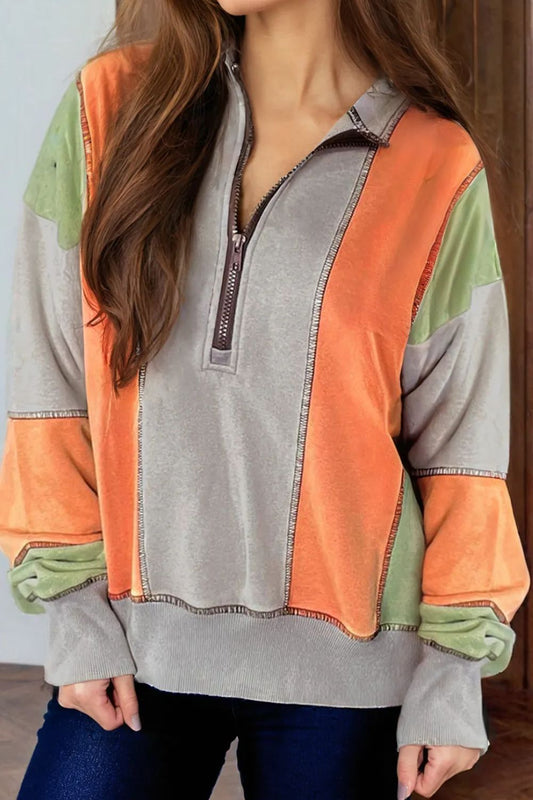 Andrea | Full size long sleeve sweatshirt with exposed seams and color block pattern