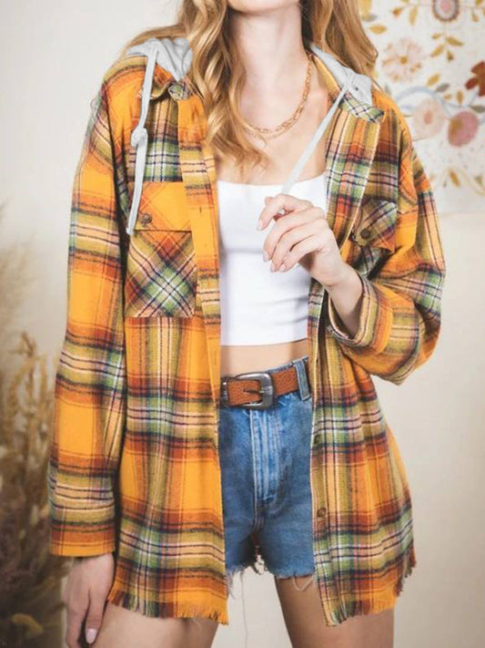 Carmen | Checked long sleeve hooded jacket with raw hem