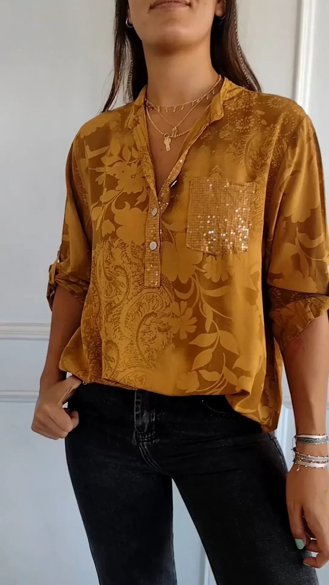 Maureen® | Printed V-Neck Top With Half Buttons