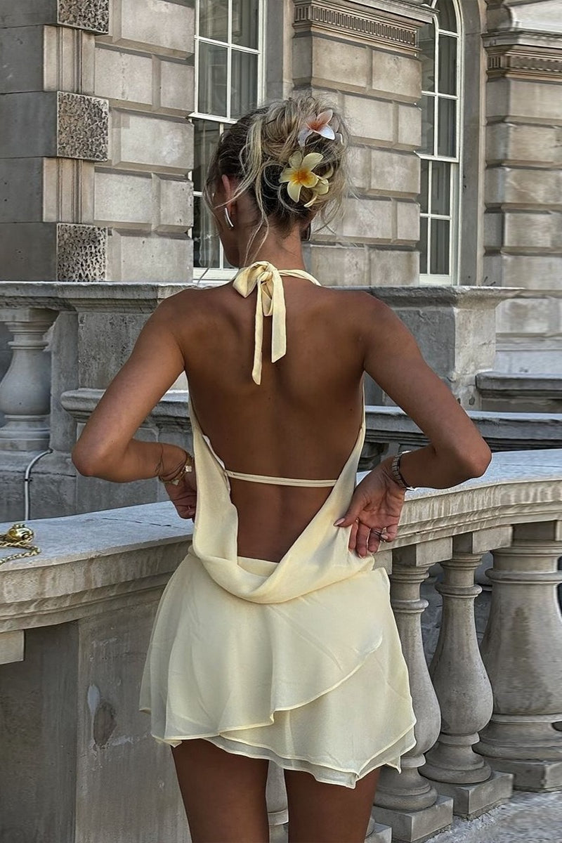 Backless Halter Tie Draped Neck Mini Dress