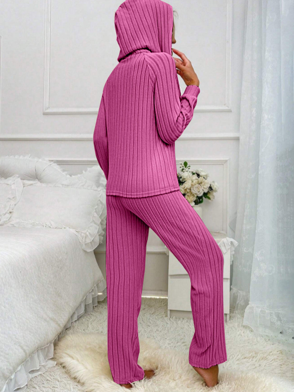 Ilona | Hooded top and ribbed drawstring half button pants set