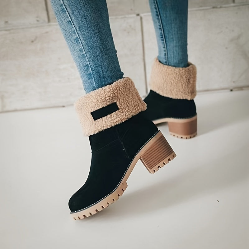 Cecilia | Solid color, plush-lined ankle boots with a thick heel