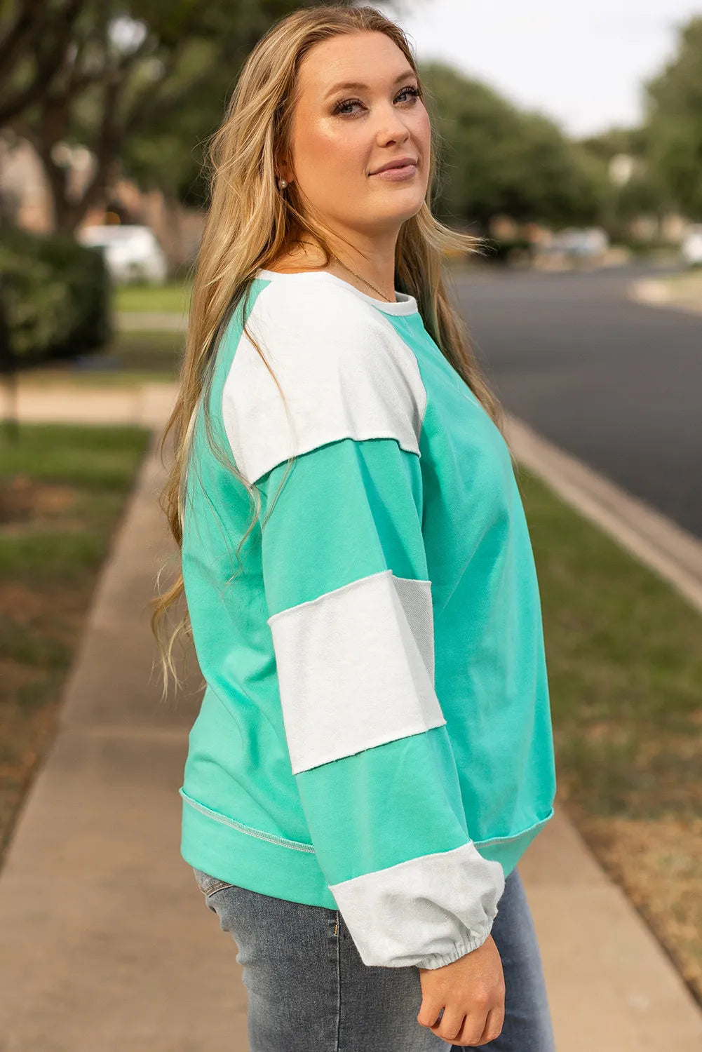 Elena | Plus size color block long sleeve sweatshirt with exposed seams