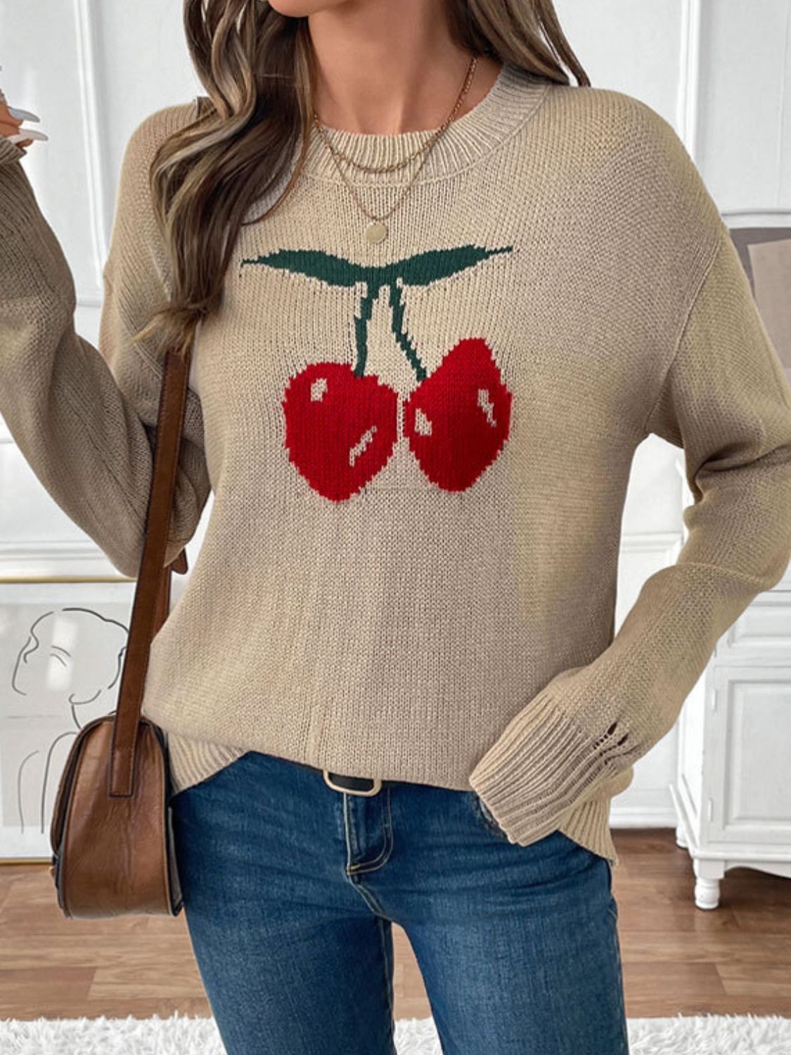 Cintia | Perfee Cherry crew neck long sleeve sweater