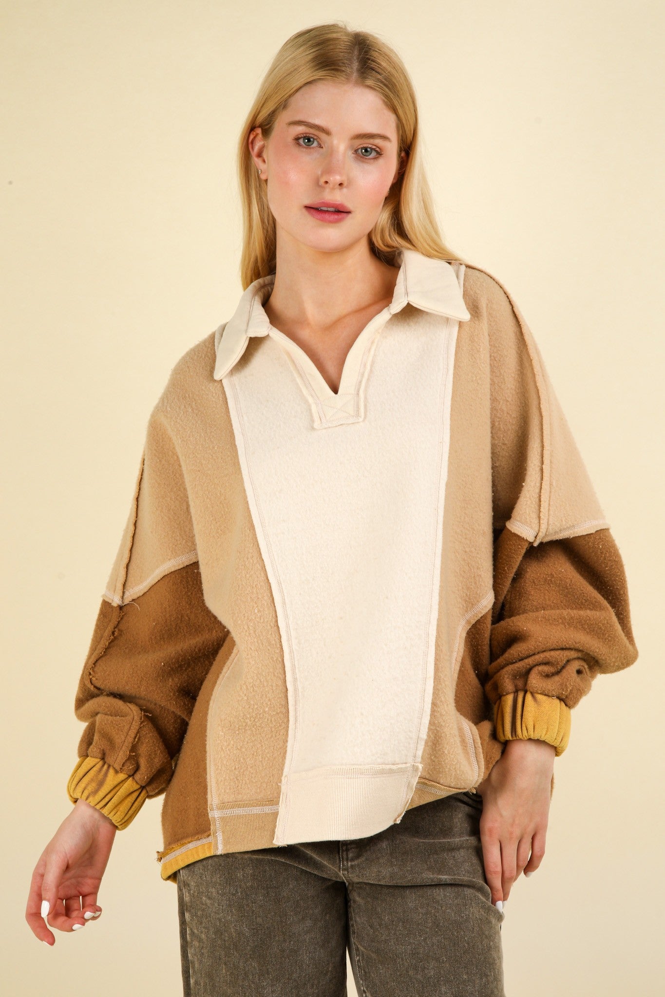 Verónica | VERY J Color Block Johnny Collar Frenchy Terry Sweatshirt
