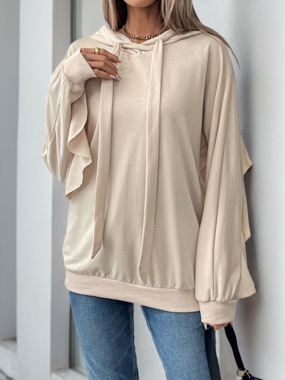 Mariana | Perfee Drawstring Ruffle Long Sleeve Hoodie