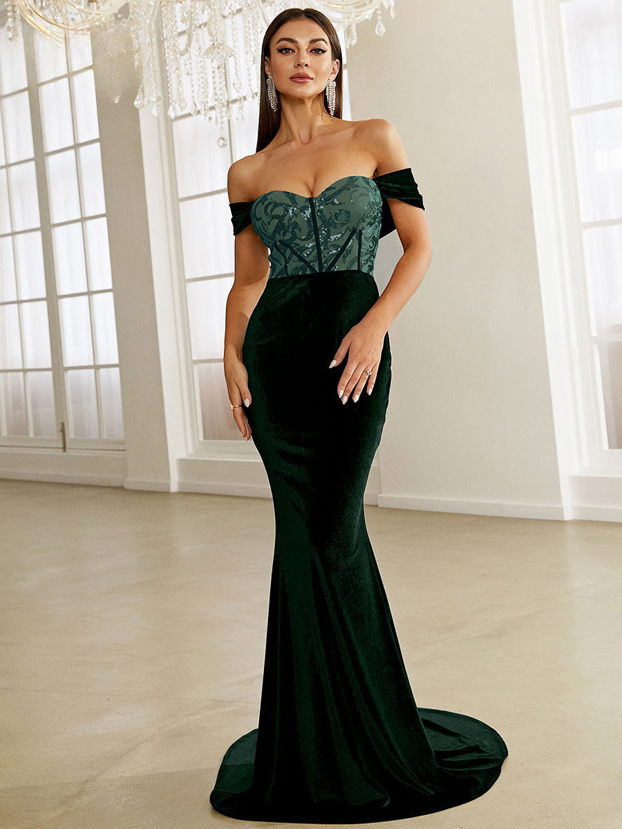 Green Velvet Evening Dress Elegant Off Shoulder Sequin Bodycon Maxi Party Dress