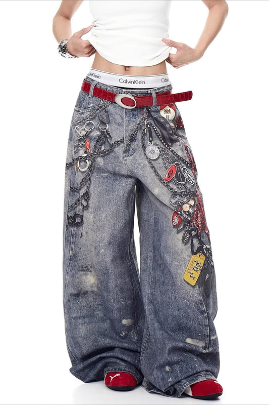 High Street 3D Chain Print Loose Wide Leg Jeans