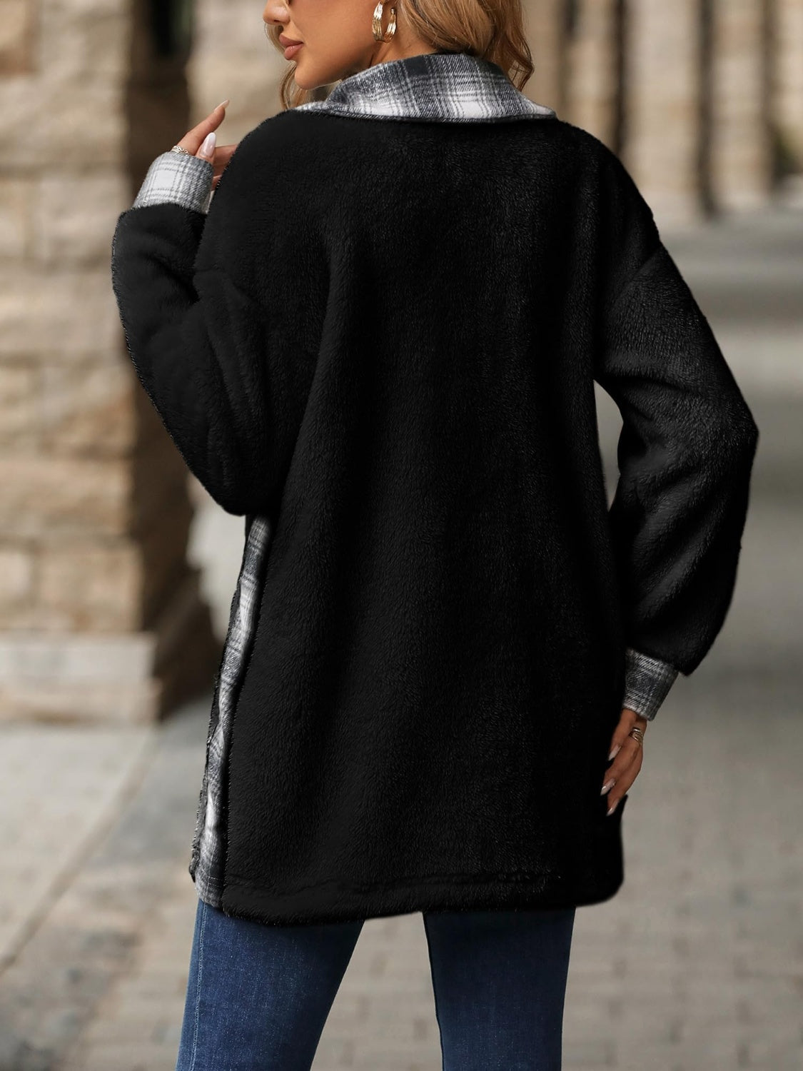Marta | Checked buttoned fluffy outerwear with long sleeves