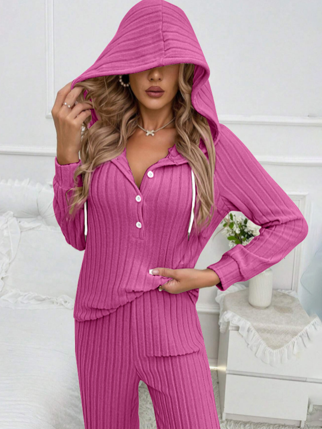 Ilona | Hooded top and ribbed drawstring half button pants set