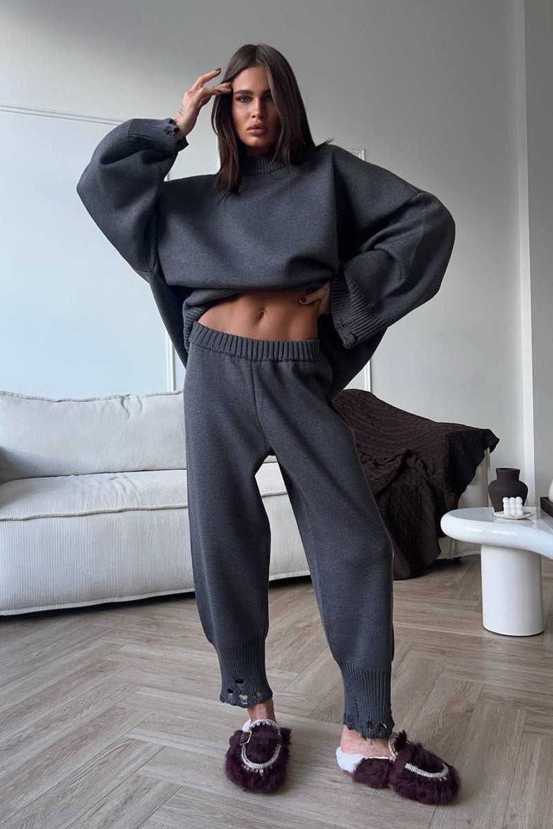 Solid Distressed Knit Crew Neck Sweater Two Piece Set