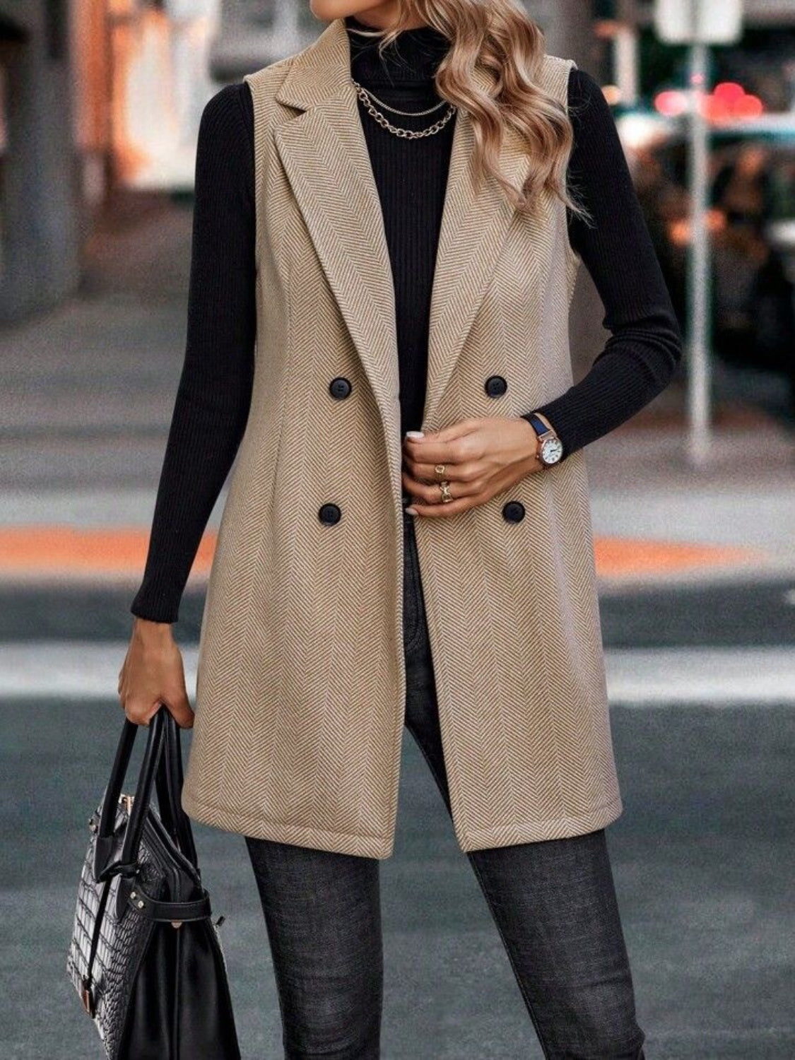 Carolin | Long cut vest coat with buttoned collar and collar