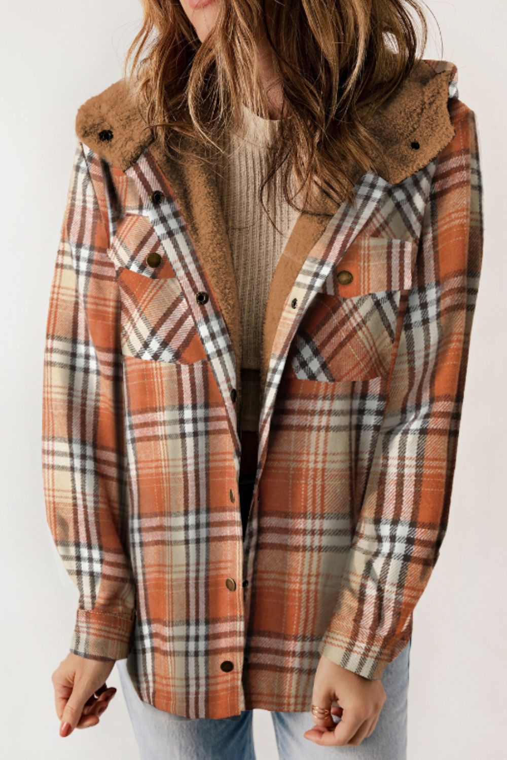 Brigida | Checked button down long sleeve hooded jacket