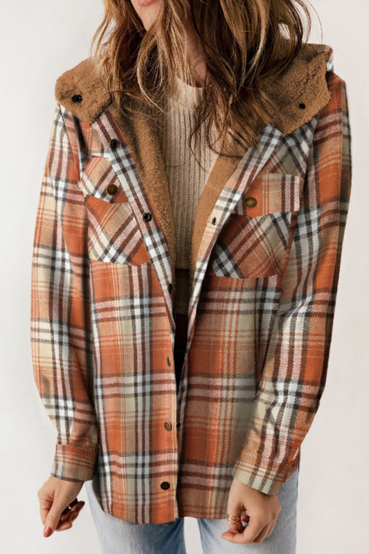 Brigida | Checked button down long sleeve hooded jacket
