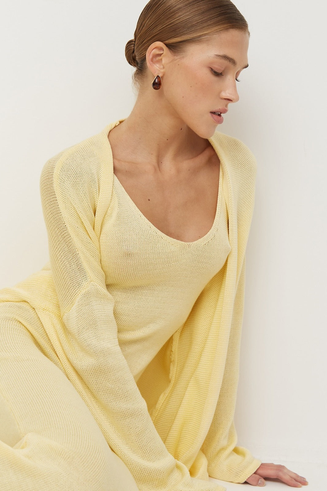 Solid V Neck Cotton Knit Bodycon Two Piece Set