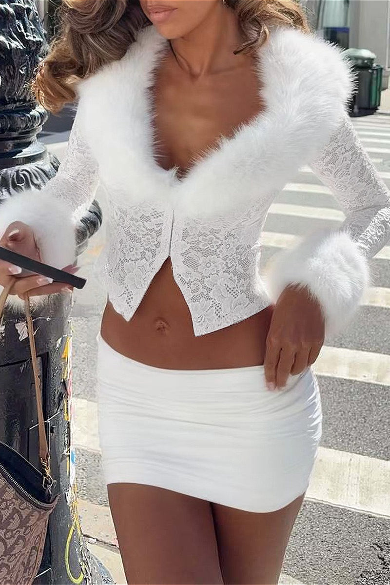 Sexy Fleece Patchwork Lace Long Sleeve Two Piece Set