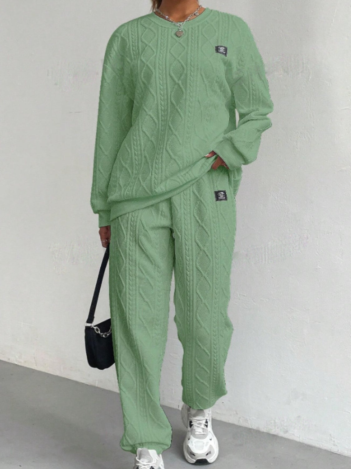 Amelie | Textured crew neck long sleeve top and pants set