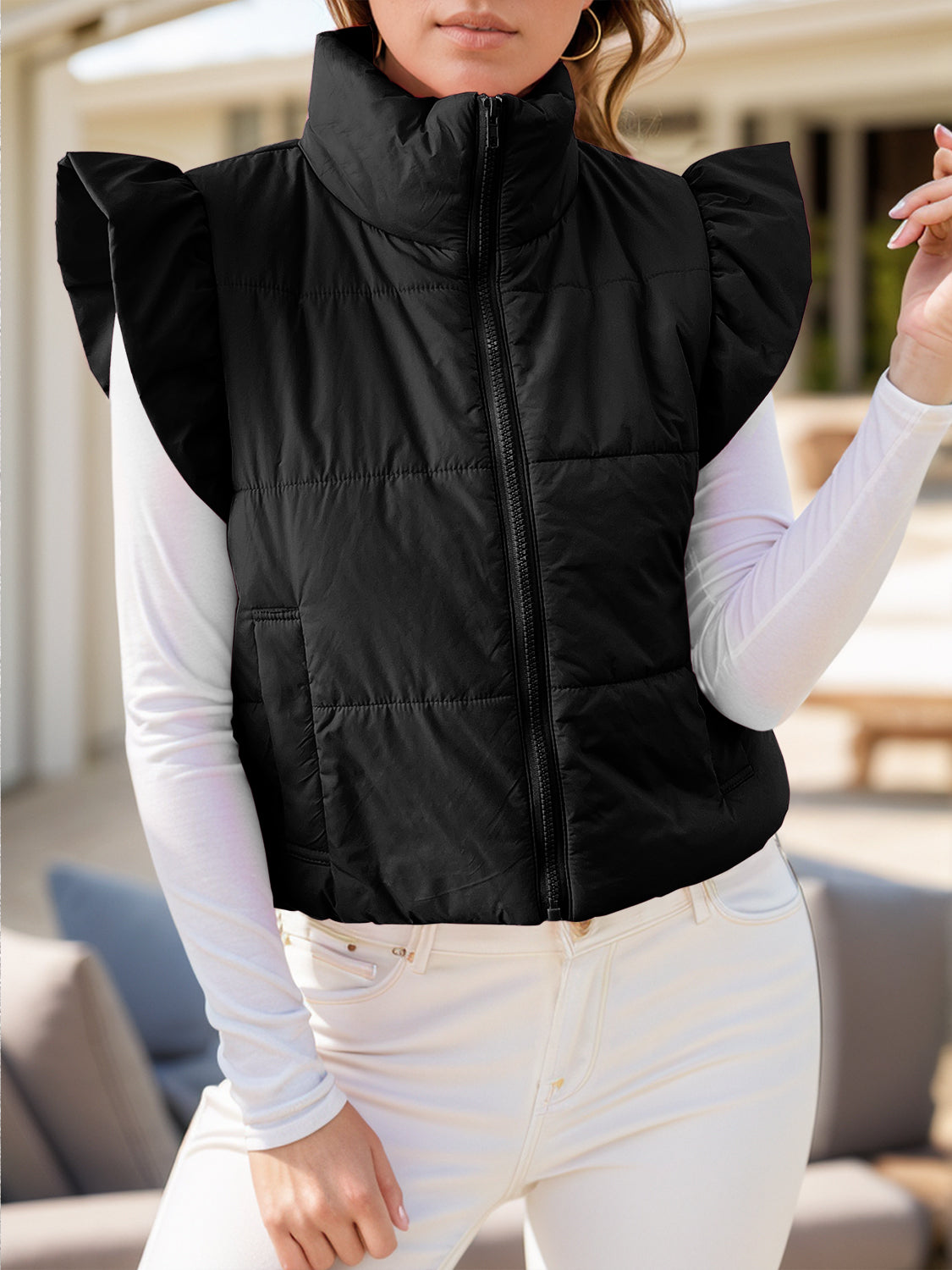 Anita | Zip-up jacket with cap sleeves and pockets
