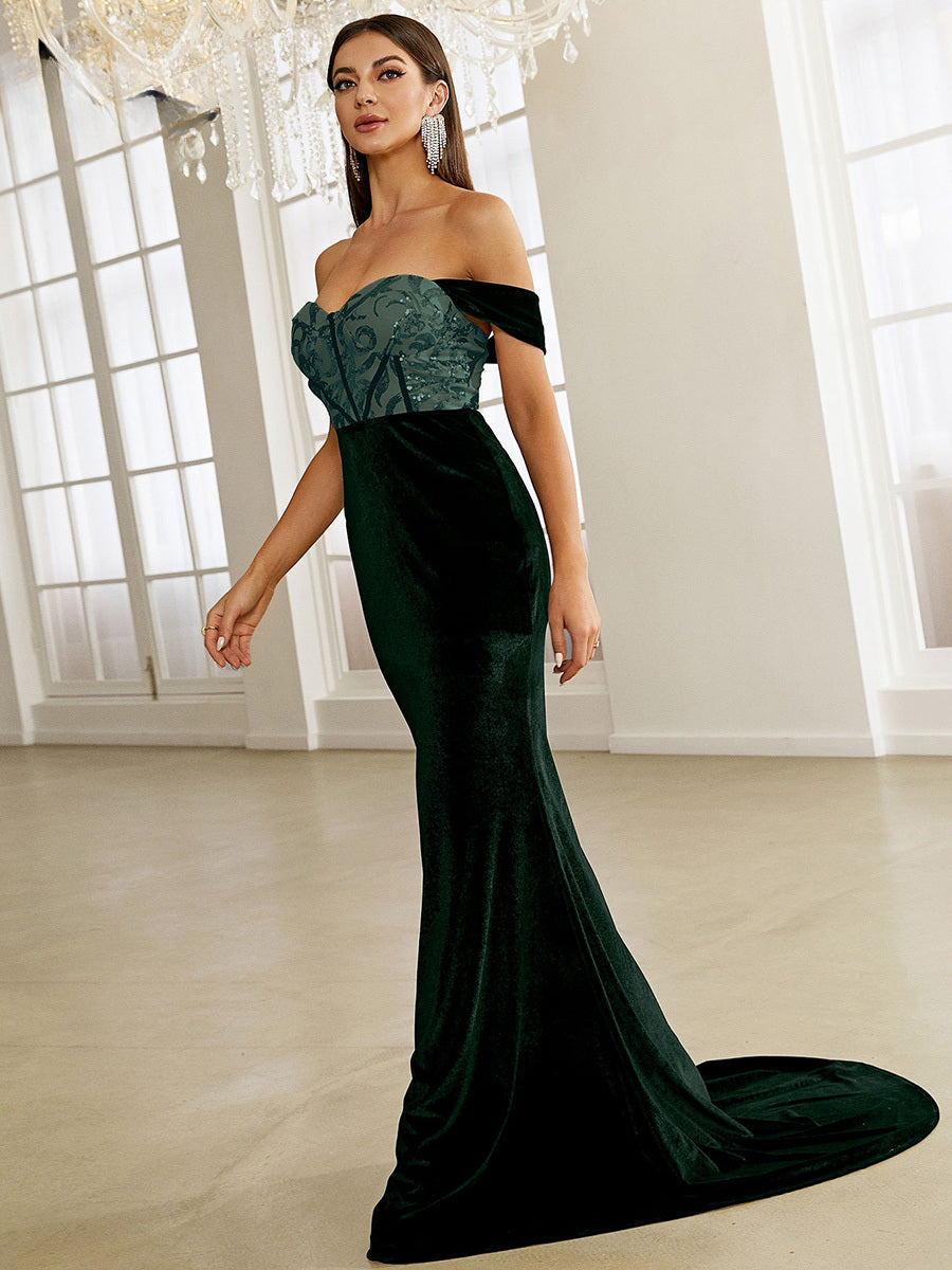 Green Velvet Evening Dress Elegant Off Shoulder Sequin Bodycon Maxi Party Dress