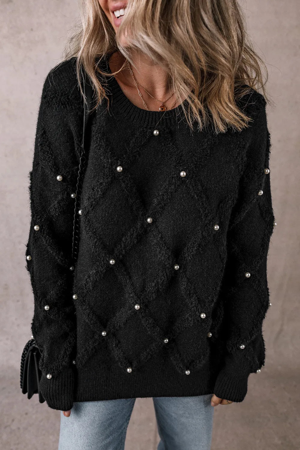 Adina | Long sleeve crew neck sweater with pearl detail