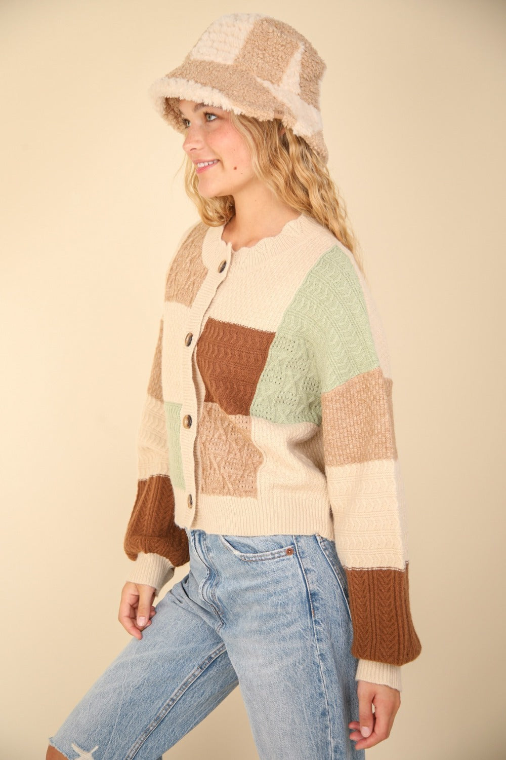 Margarita | Textured sweater cardigan with color block buttons
