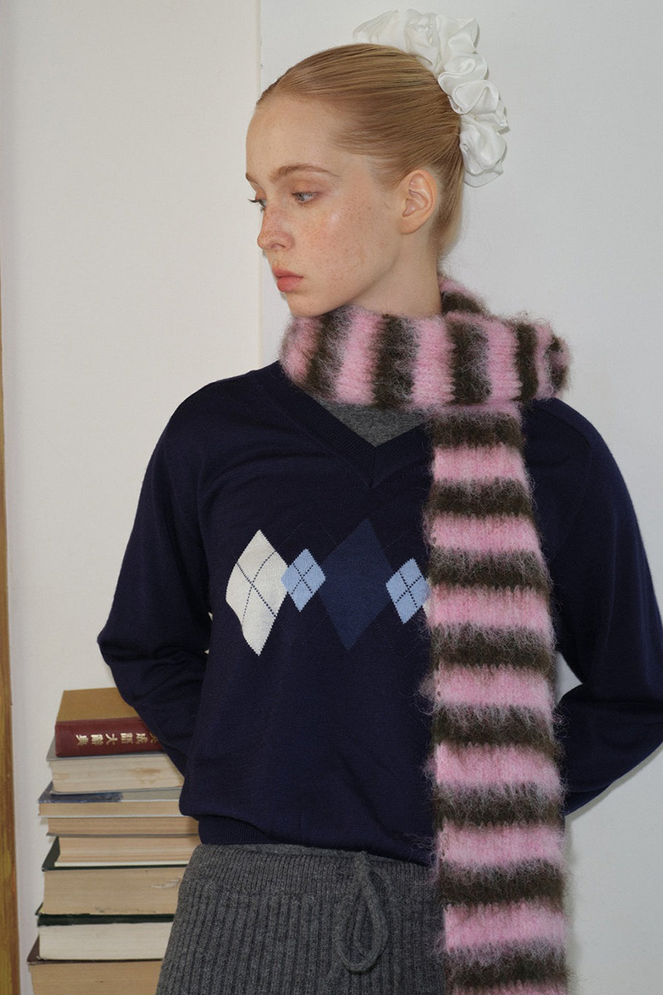 Contrast Striped Narrow Soft Wool Blend Knitted Scarf