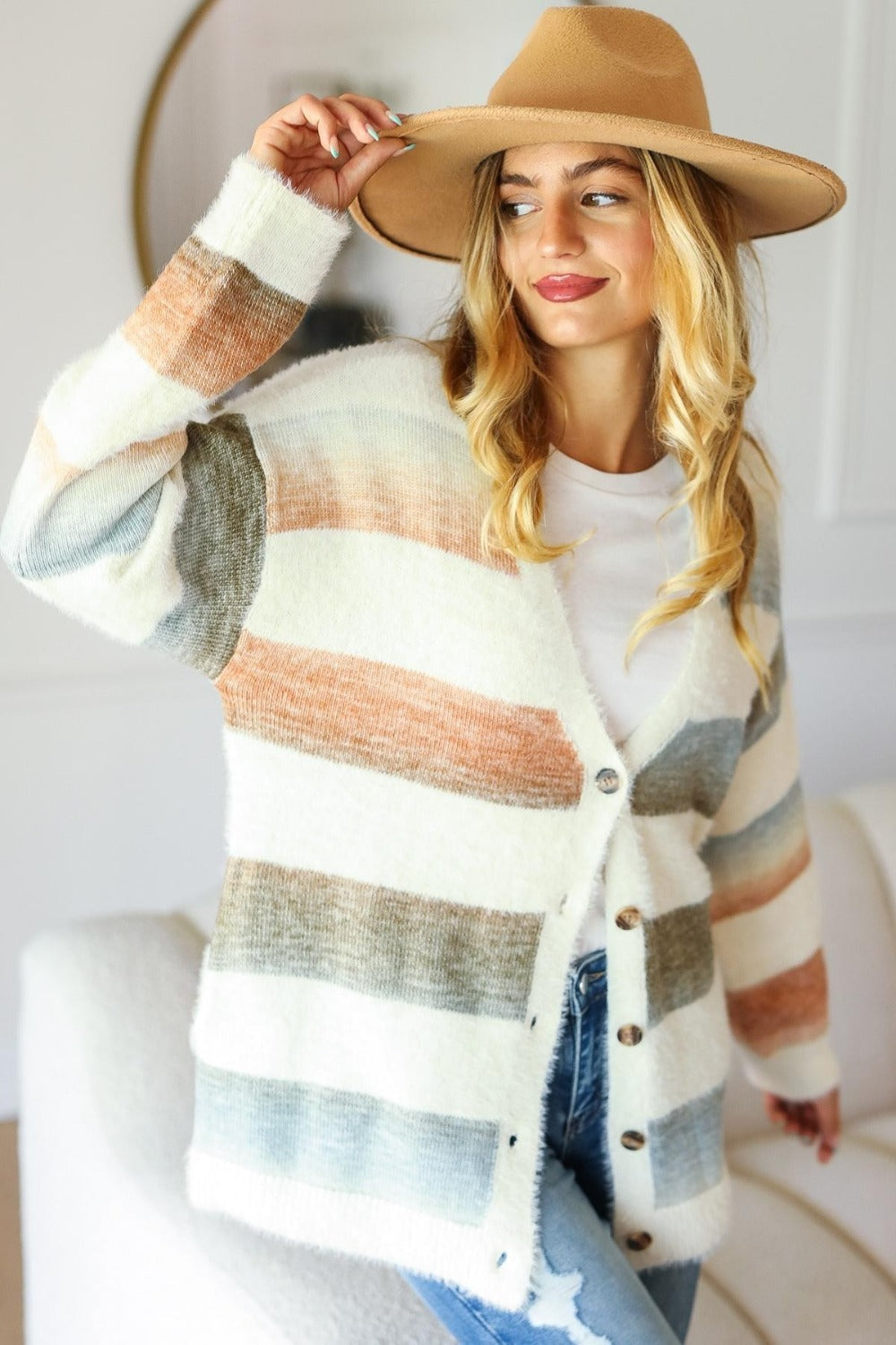 Emma | Haptics soft fluffy full size button down striped sweater cardigan