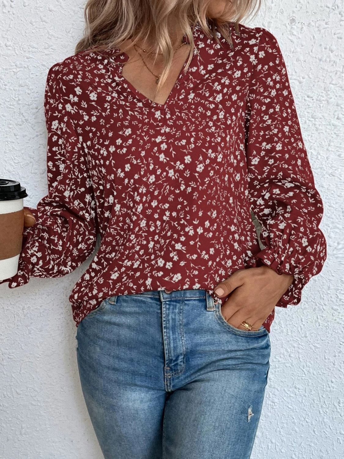 Allison® | Elegant Long-Sleeved Floral Blouse With Ruffle And Notch Collar