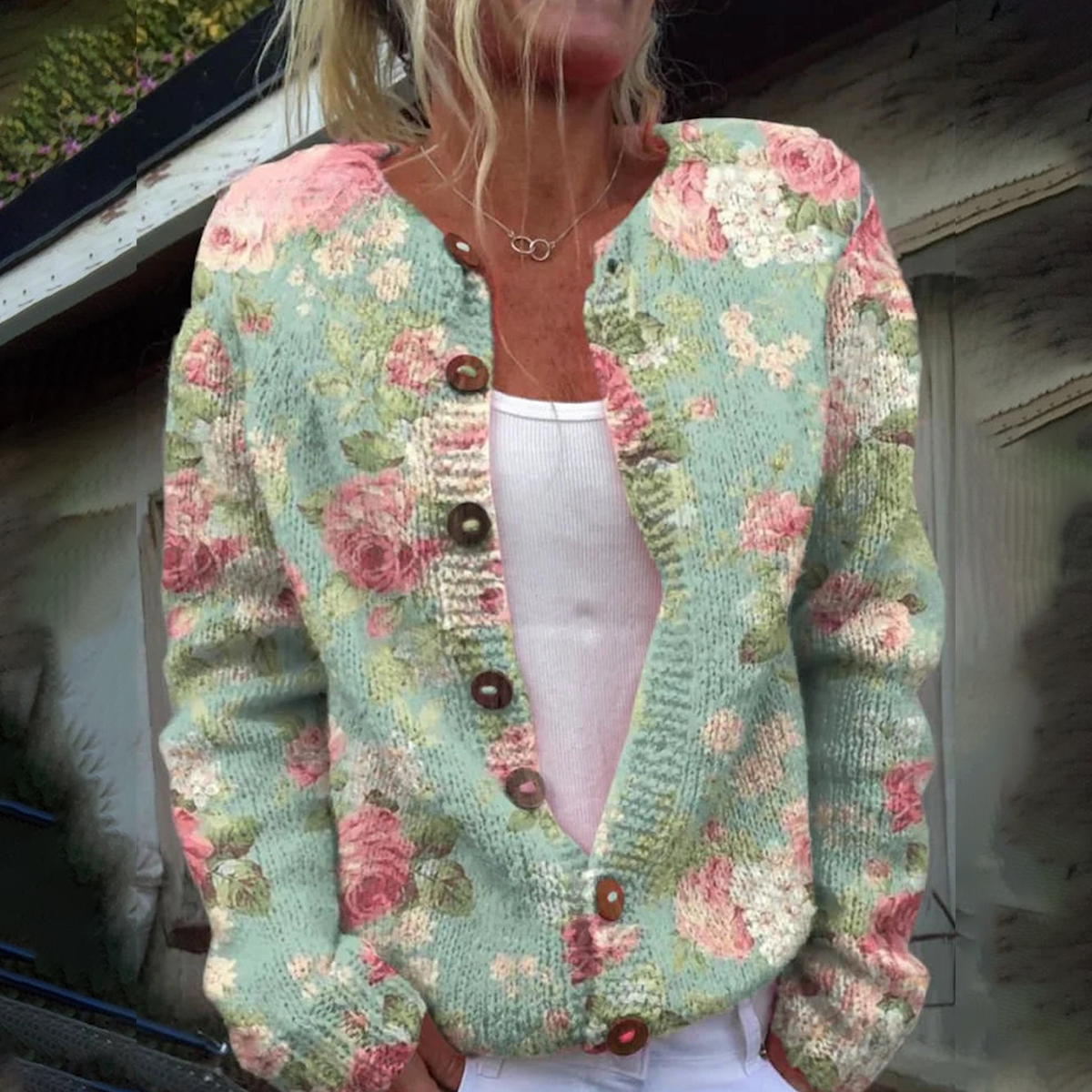 Denise® | Cardigan with long sleeves without flowers in green