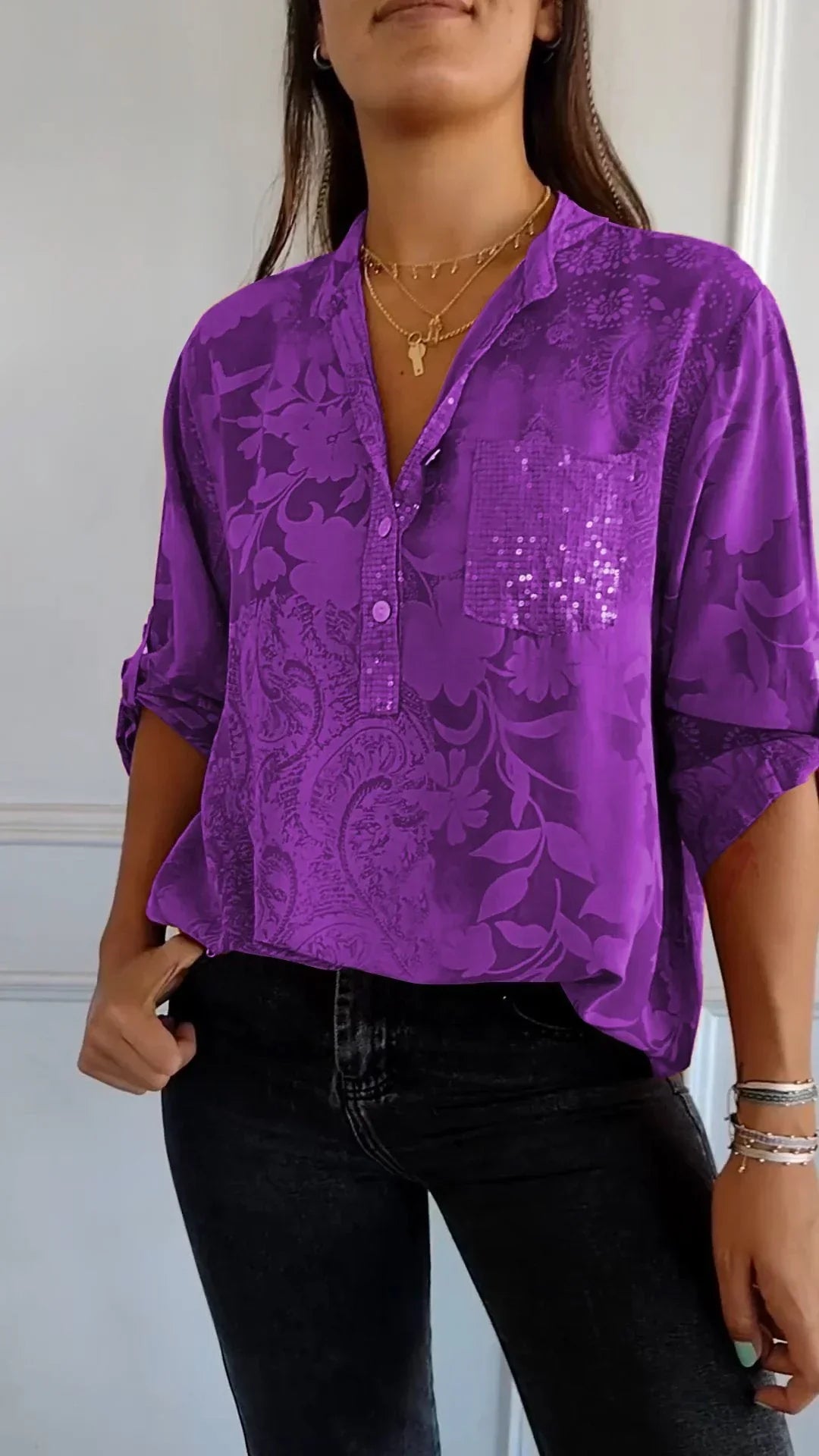 Maureen® | Printed V-Neck Top With Half Buttons