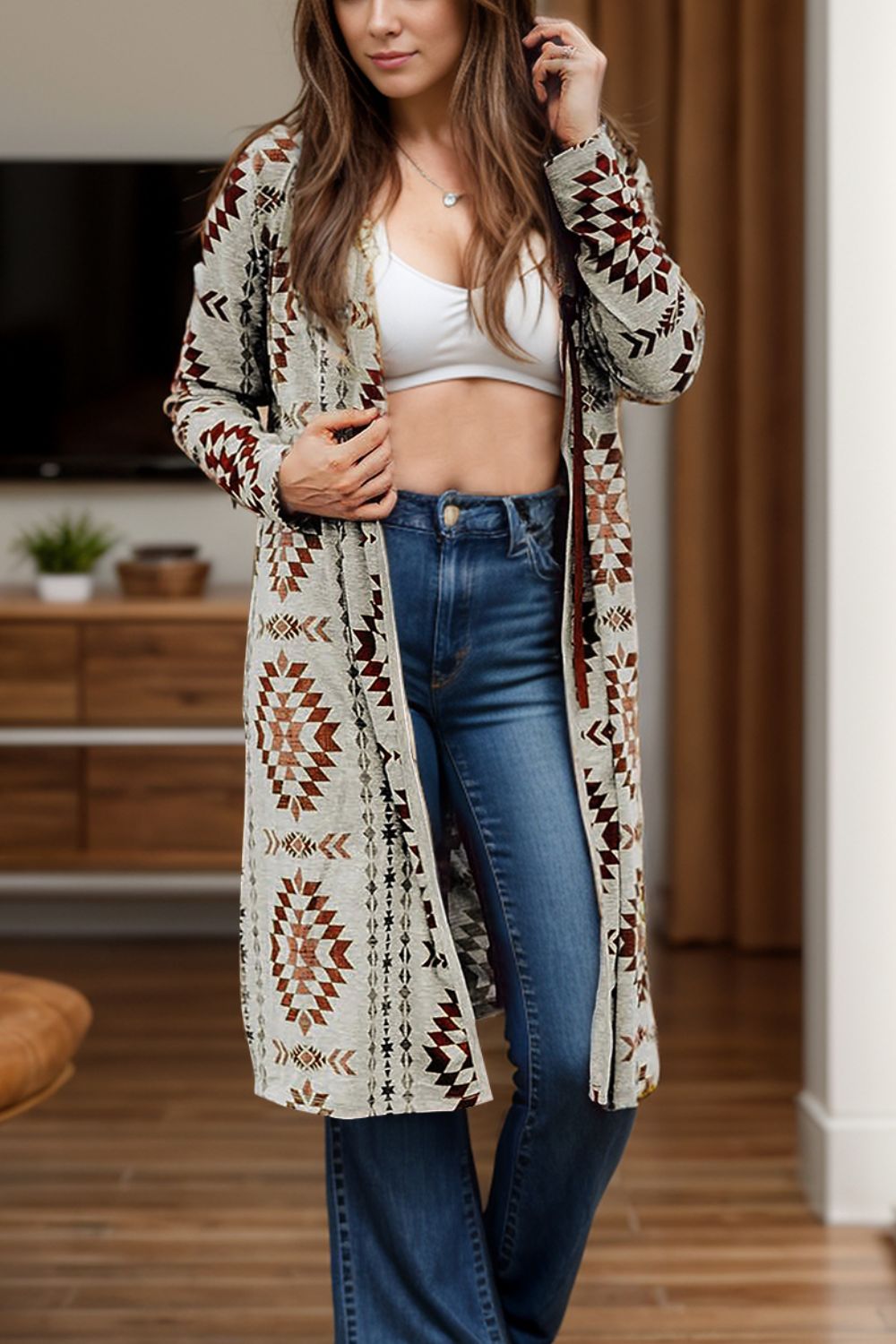 Hannelore | Geometric long sleeve open front cover-up